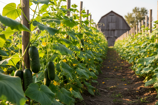 National Pickling Cucumber farm field with rustic barn in the background