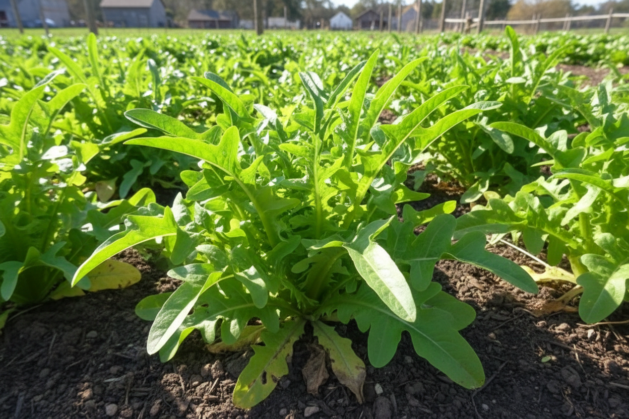 Oakleaf Lettuce farm field with rustic barn in the background