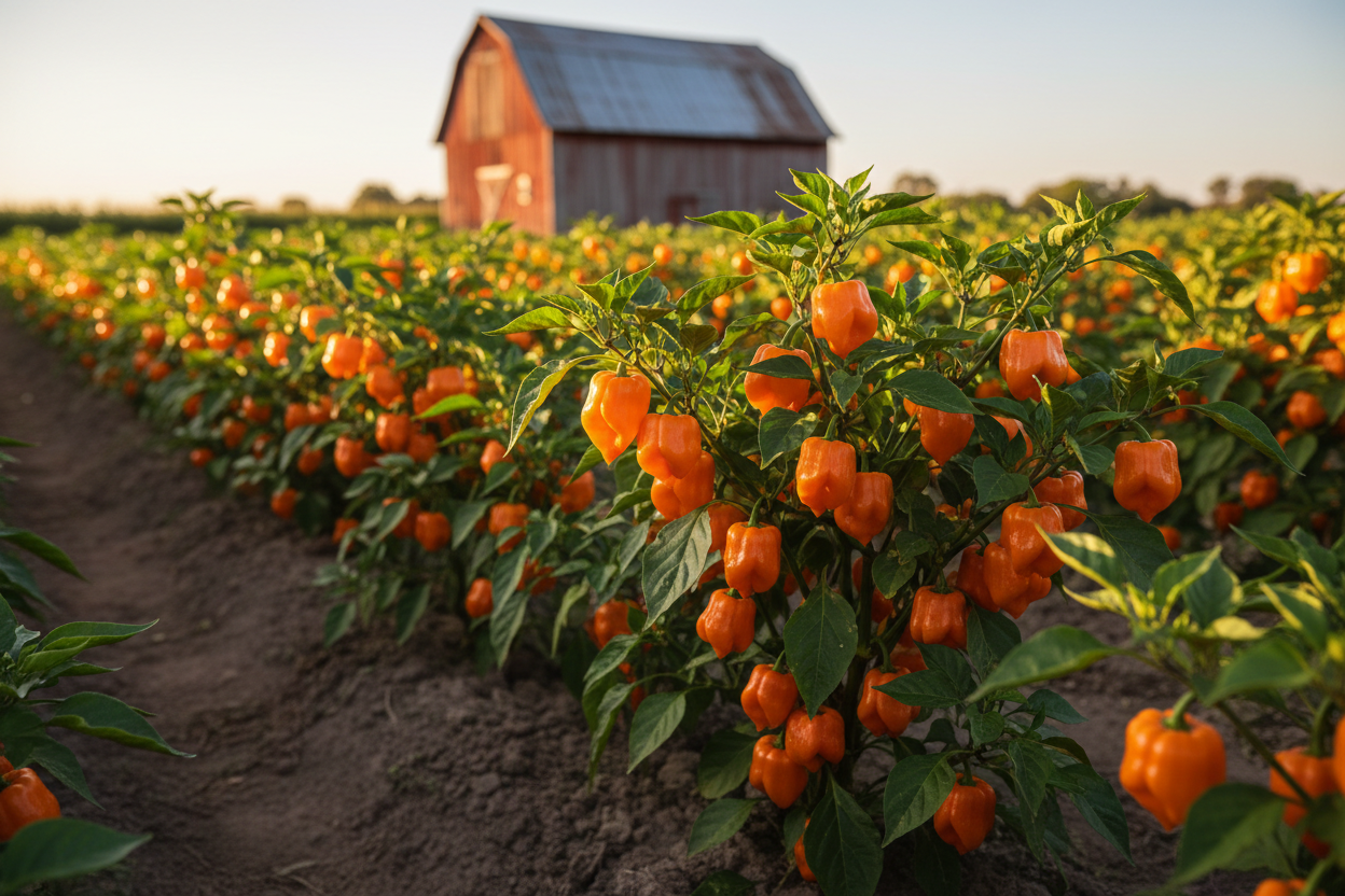 Orange Habanero farm field with rustic barn in the background