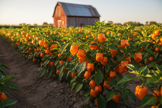 Orange Habanero farm field with rustic barn in the background