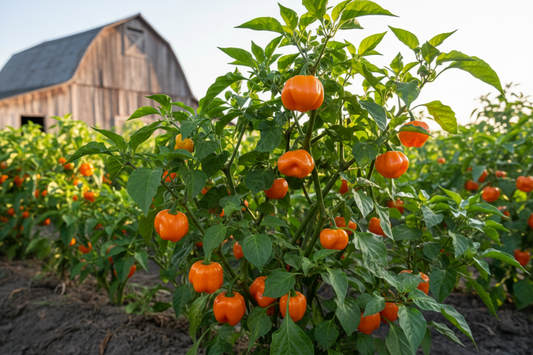 Orange Scotch Bonnet farm field with rustic barn in the background