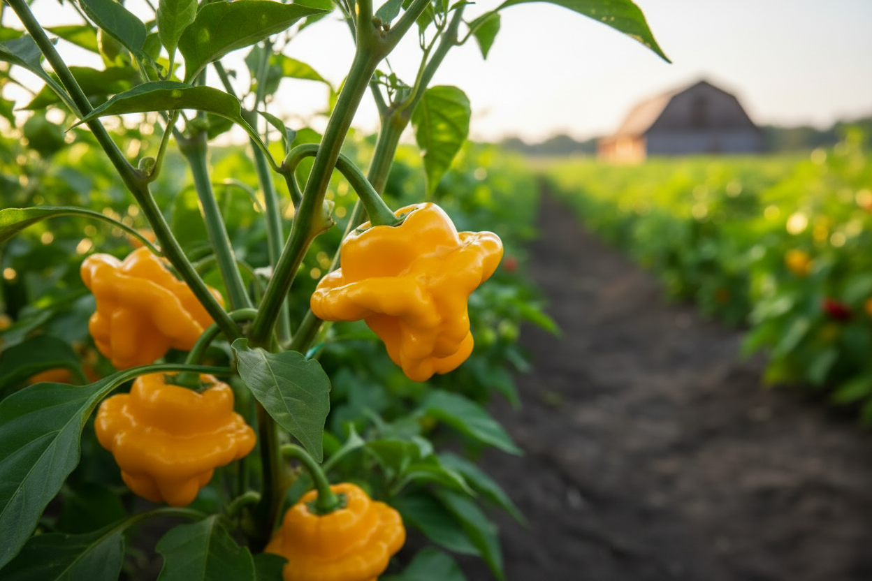 Orange Scotch Bonnet farm field with rustic barn in the background