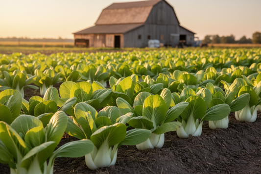 Pak Choi Chinese Cabbage farm field with rustic barn in the background