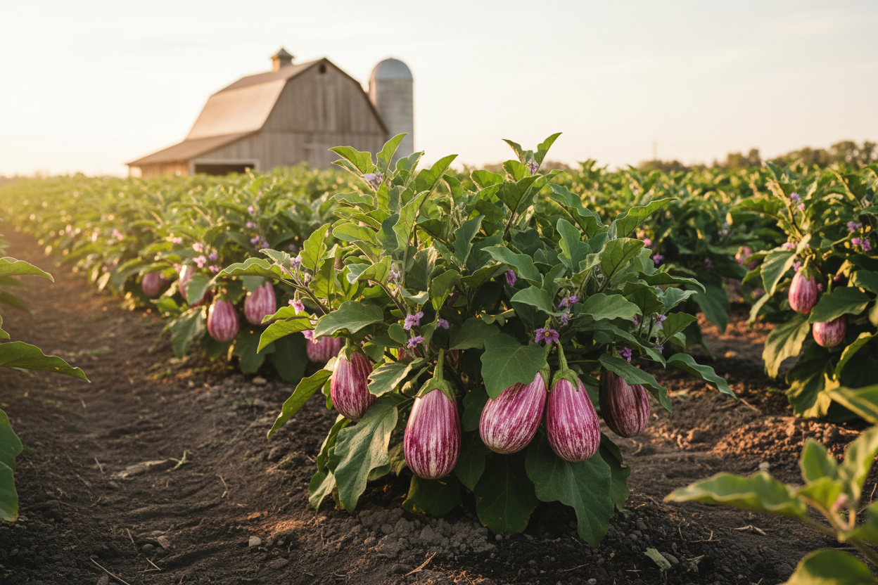 Pandora Striped Rose Eggplant farm field with rustic barn in the background