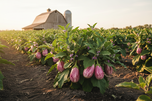 Pandora Striped Rose Eggplant farm field with rustic barn in the background