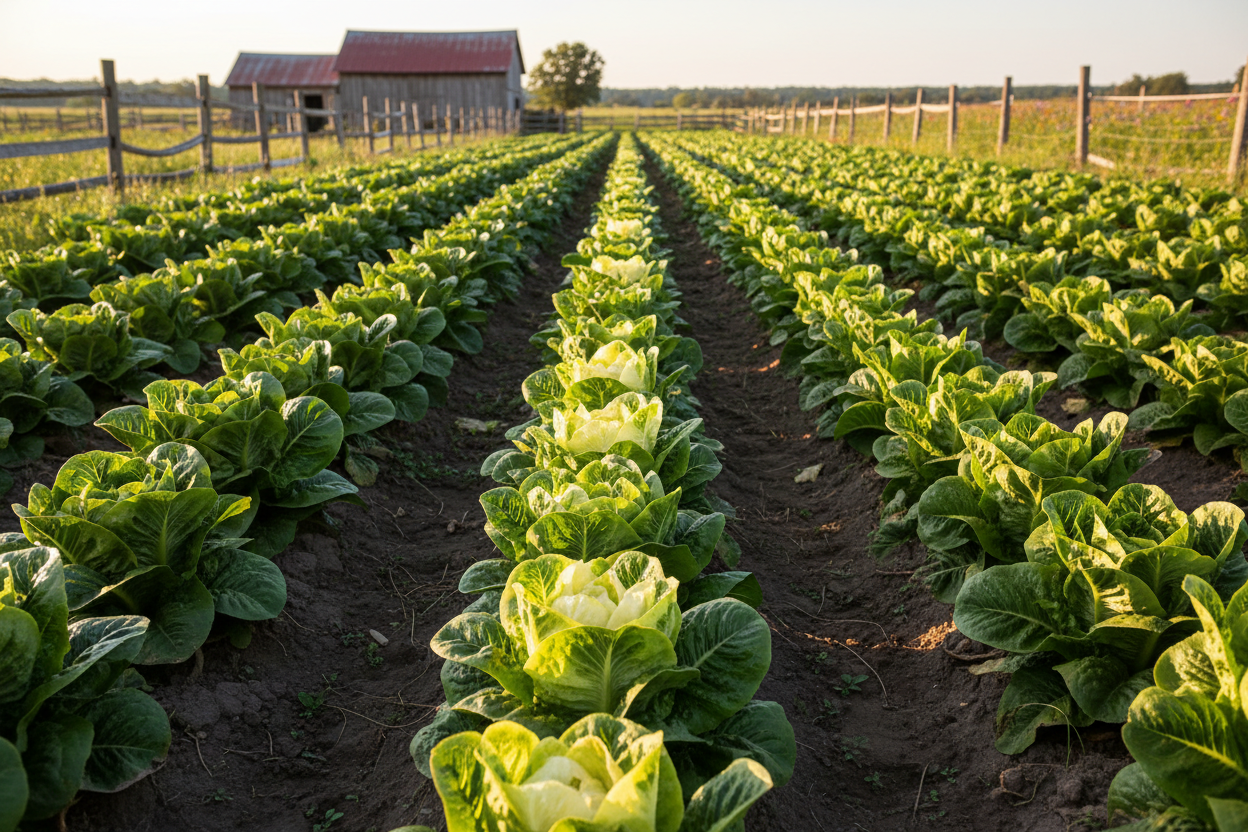 Parris Island Cos Romaine Lettuce farm field with rustic barn in the background