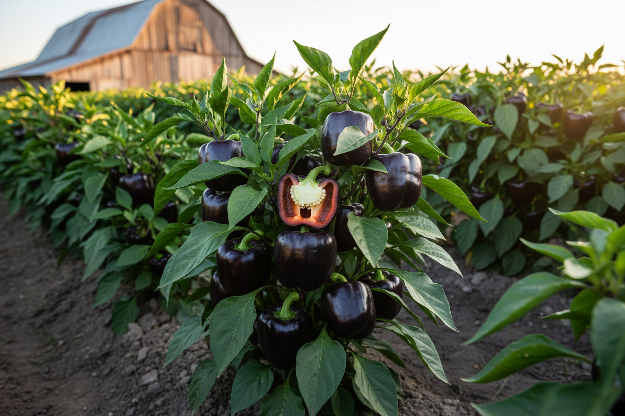 Purple Beauty Pepper farm field with rustic barn in the background