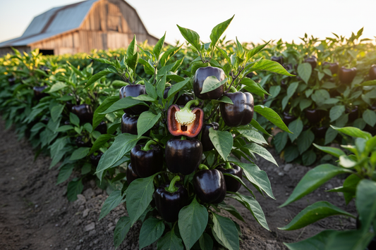Purple Beauty Pepper farm field with rustic barn in the background