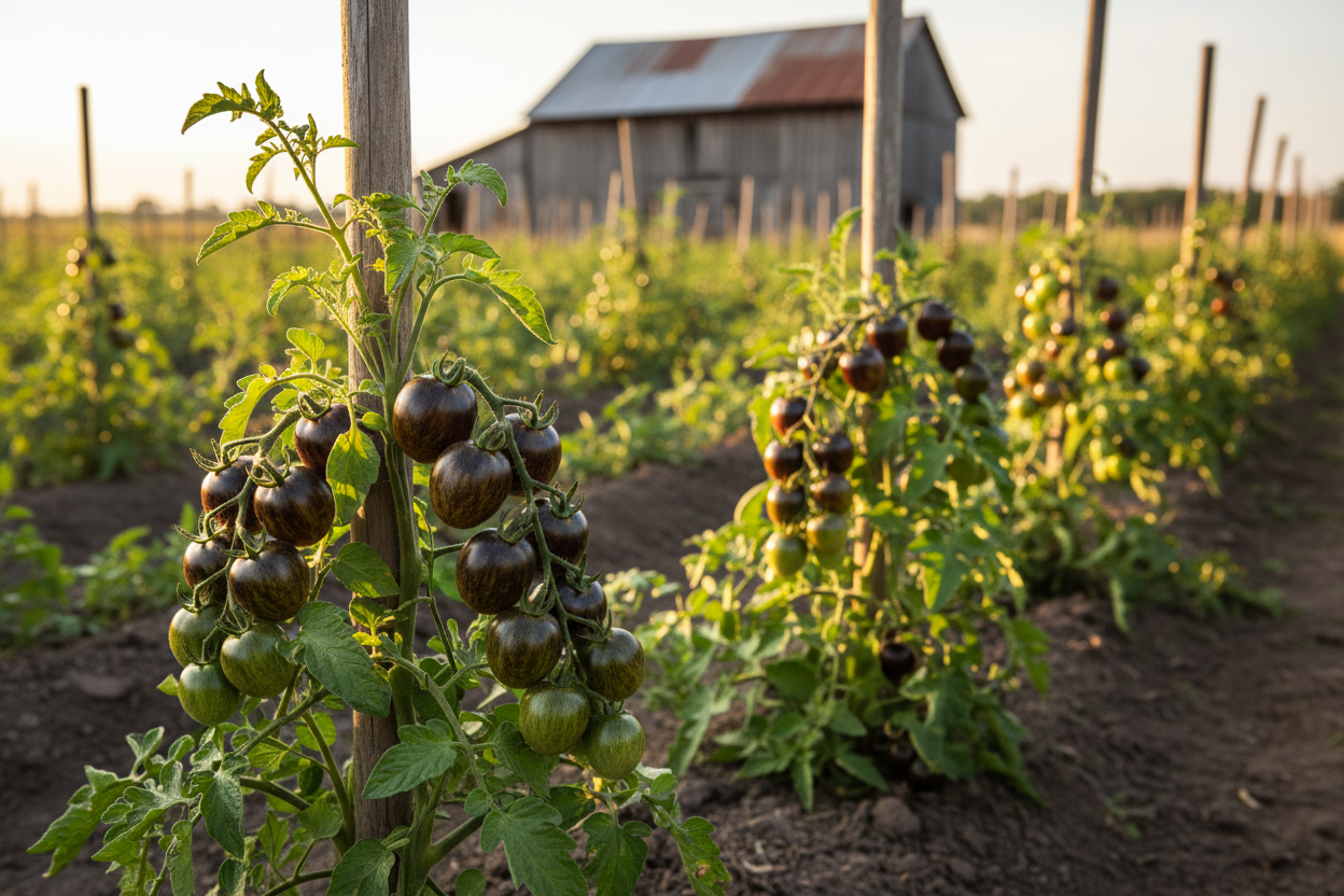 Purple Bumble Bee Cherry Tomato farm field with rustic barn in the background