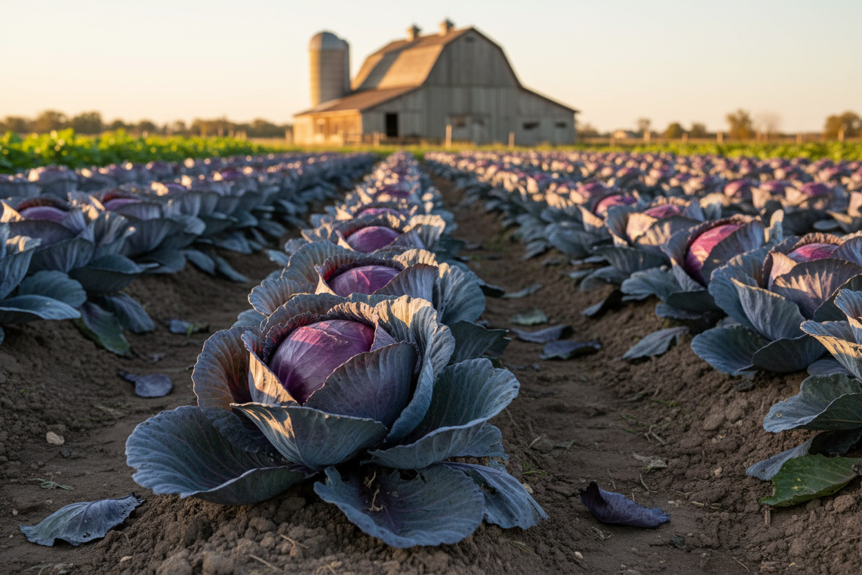 Red Acre Cabbage farm field with rustic barn in the background