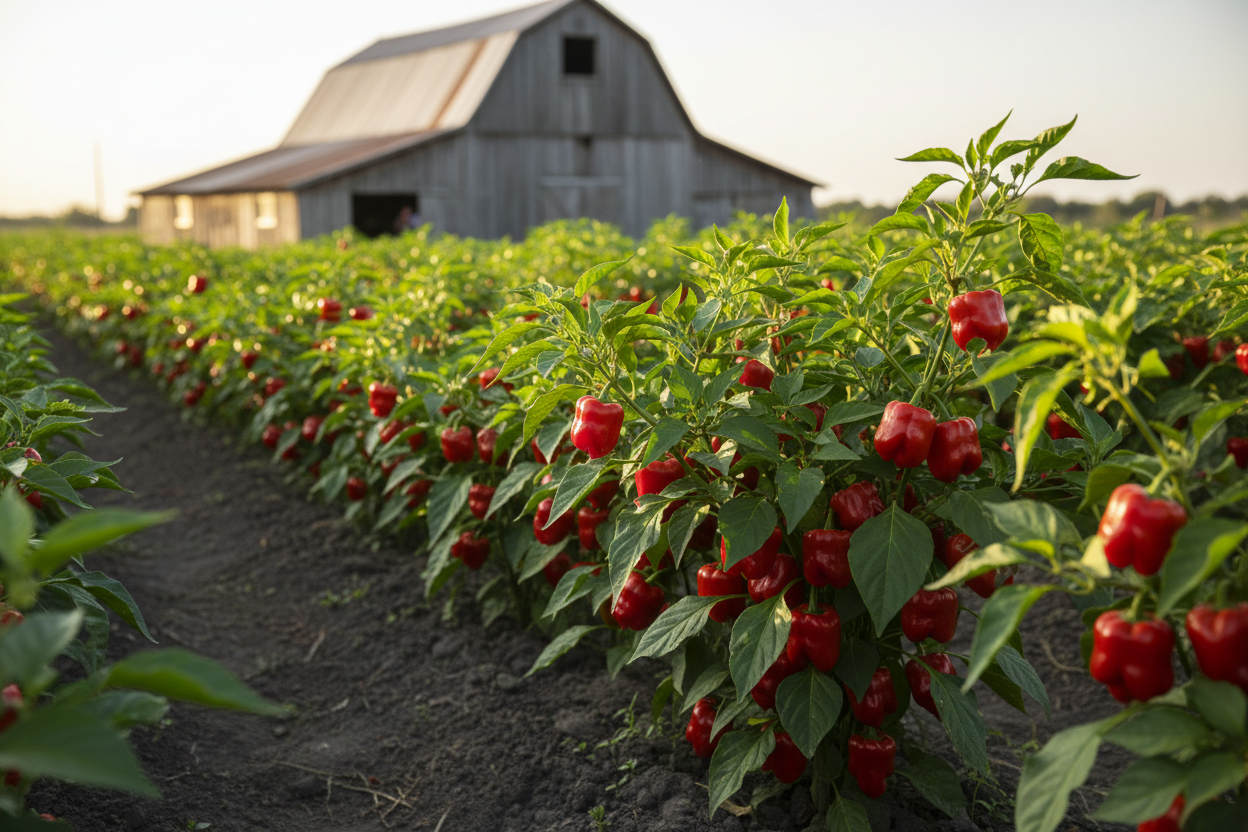 Red Habanero farm field with rustic barn in the background