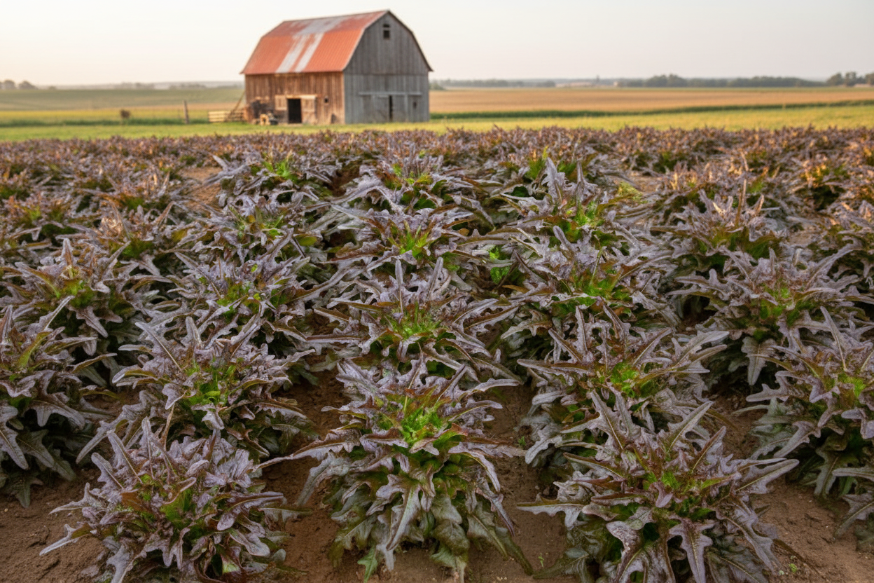 Red Oak Leaf Lettuce farm field with rustic barn in the background