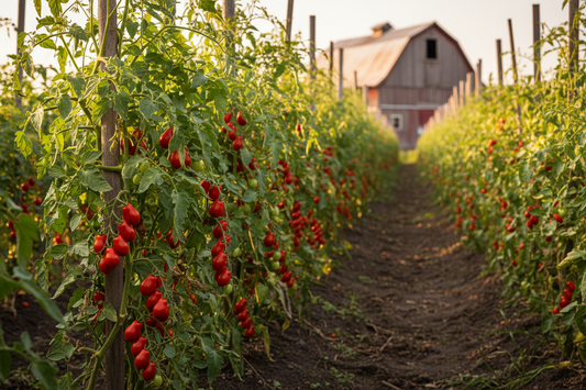 Red Pear Tomato farm field with rustic barn in the background