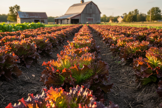 Red Sails Loose Leaf Lettuce farm field with rustic barn in the background