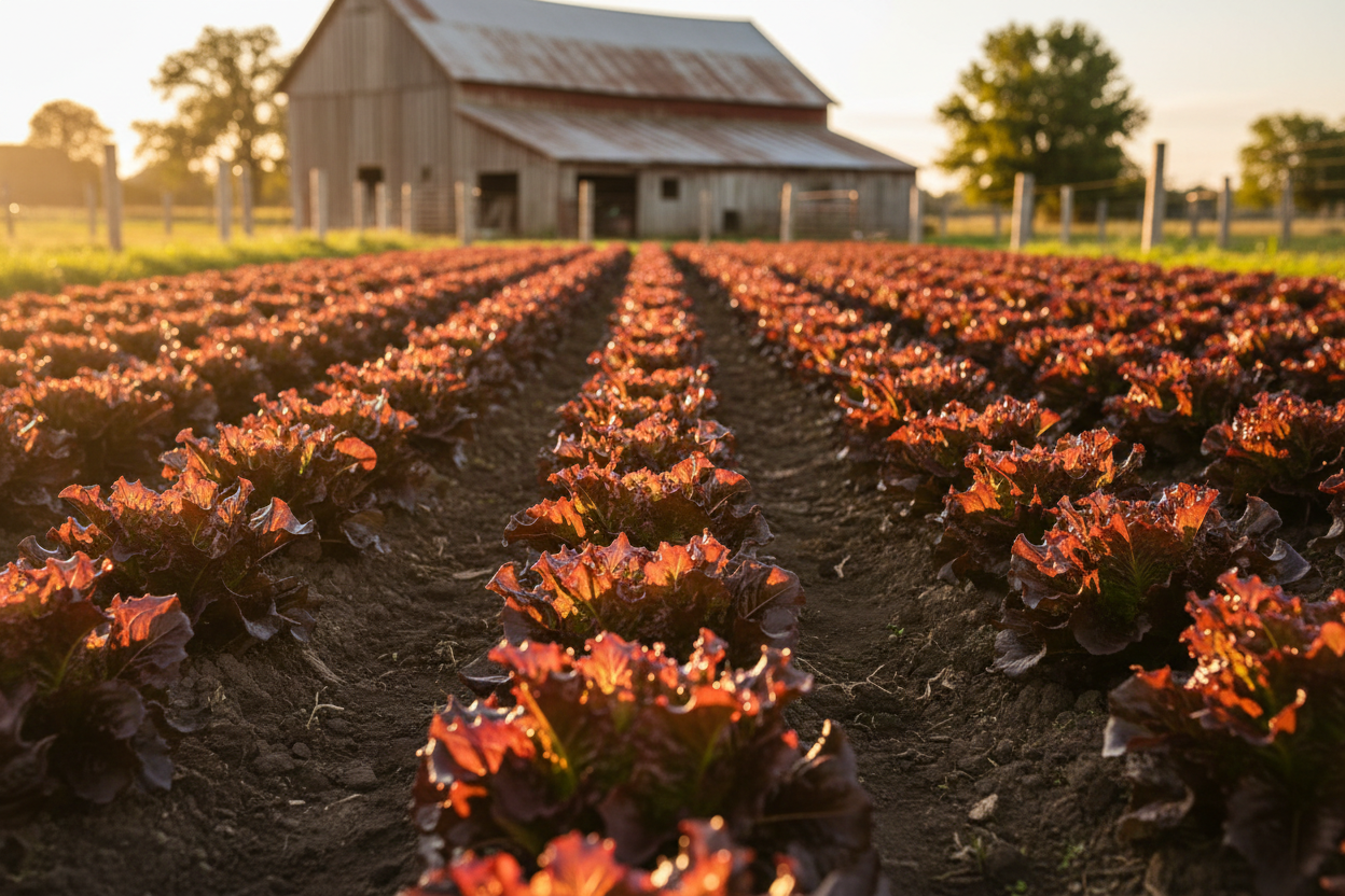 Red Salad Bowl Leaf Lettuce farm field with rustic barn in the background