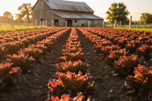 Red Salad Bowl Leaf Lettuce farm field with rustic barn in the background