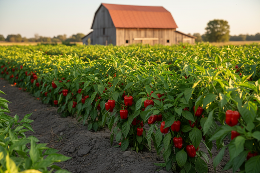 Red Scotch Bonnet farm field with rustic barn in the background