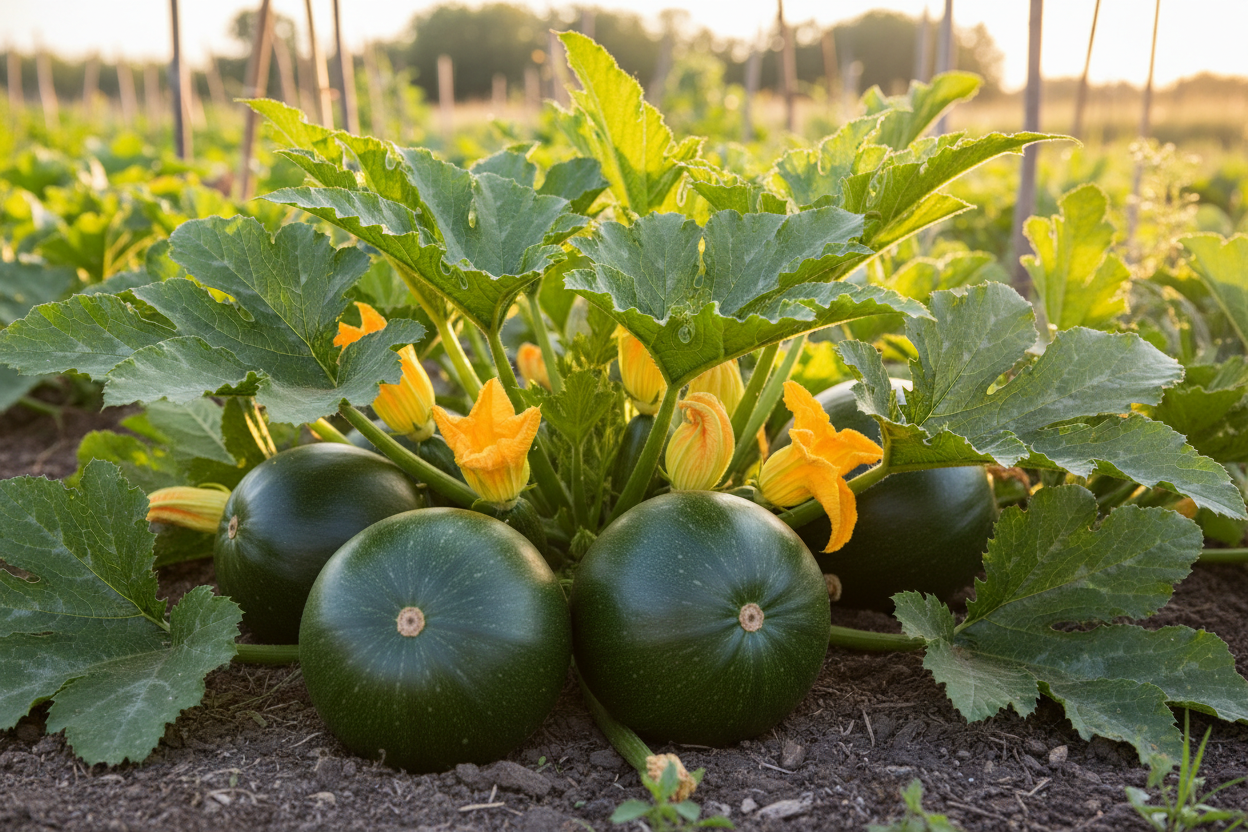 Round Zucchini Squash growing on the vine