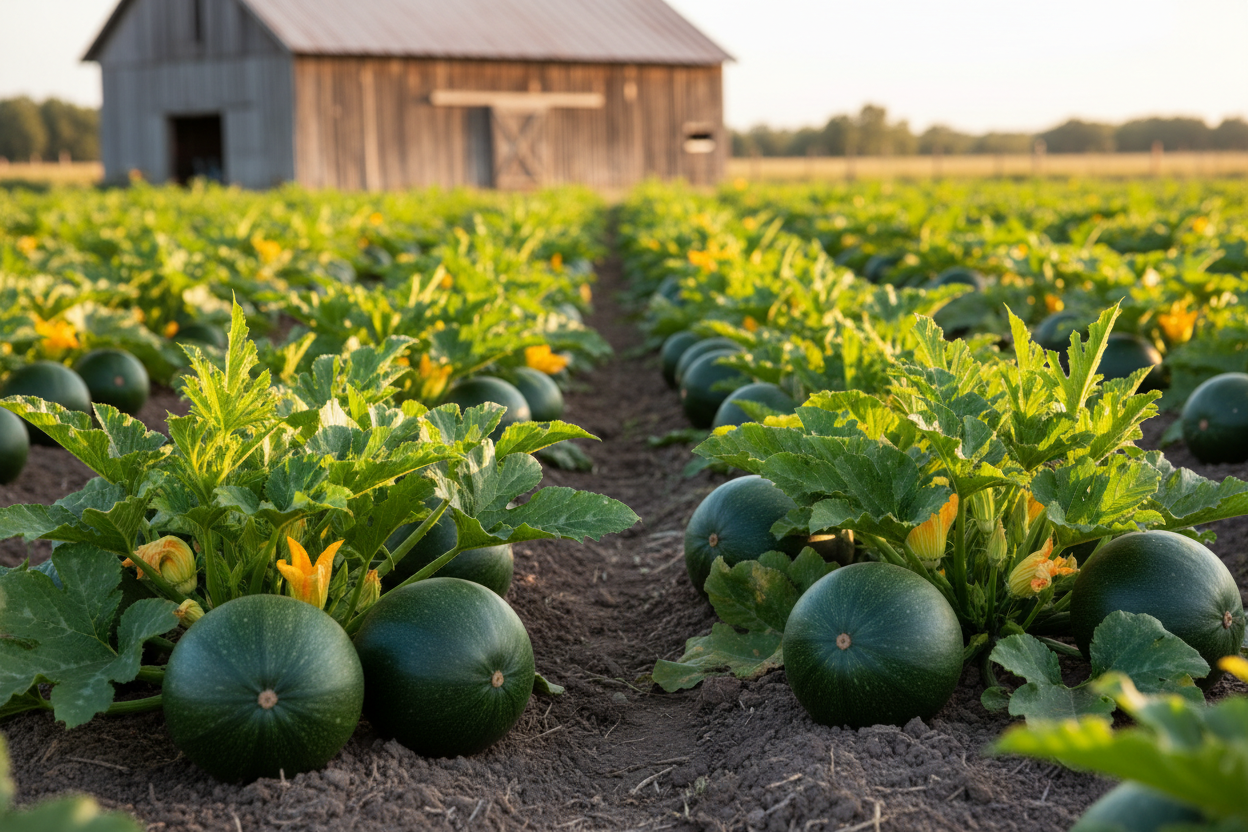 Round Zucchini Squash farm field with rustic barn in the background