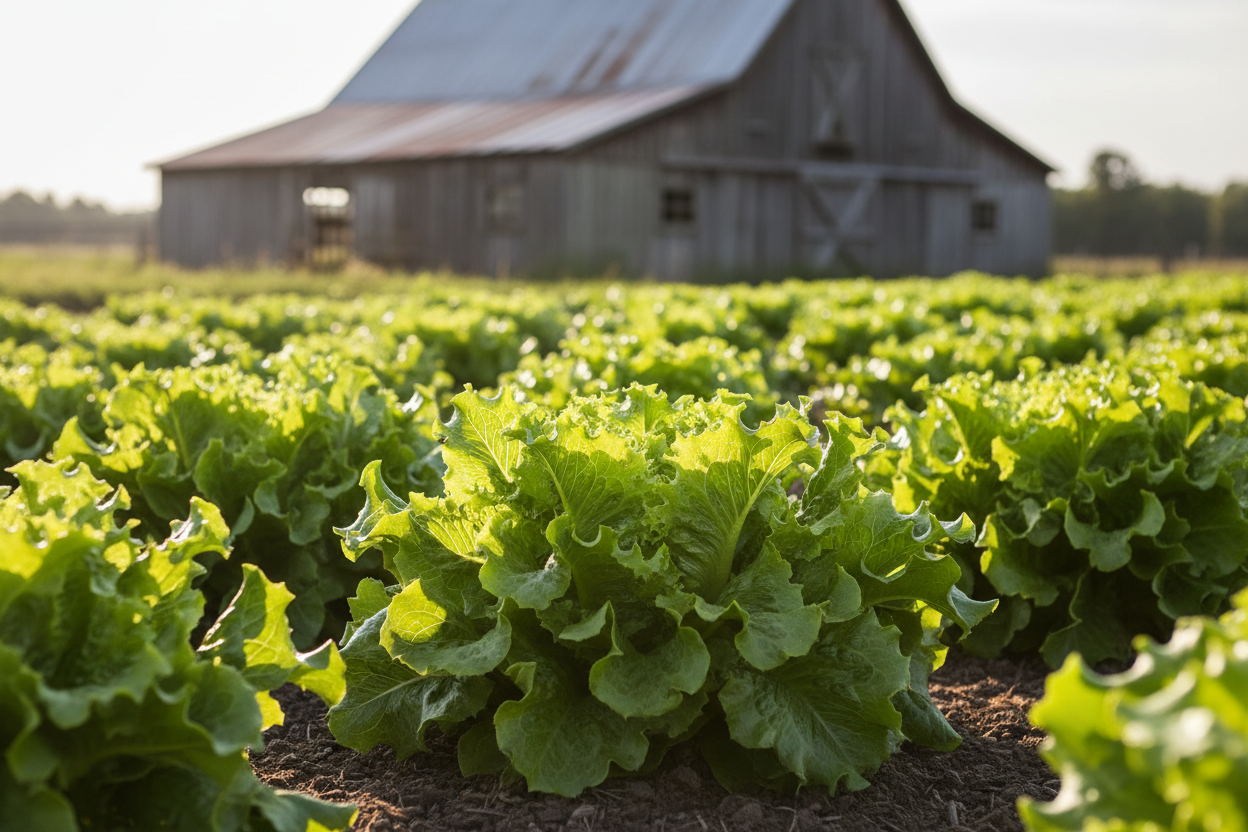 Salad Bowl Leaf Lettuce farm field with rustic barn in the background