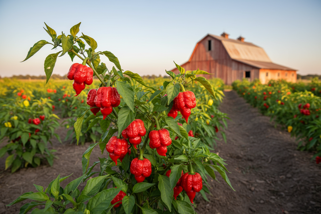  Scorpion Moruga Red Pepper farm field with rustic barn in the background