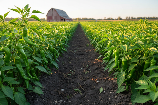 Shishito Pepper farm field with rustic barn in the background