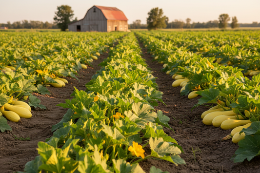 Straightneck Summer Squash farm field with rustic barn in the background