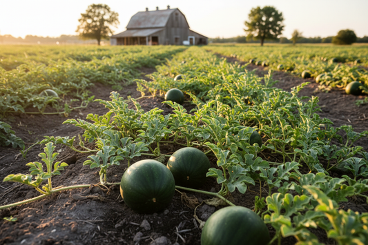 Sugar Baby Watermelon farm field with rustic barn in the background