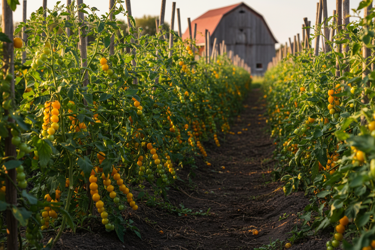 Sunshine Cherry Tomato farm field with rustic barn in the background