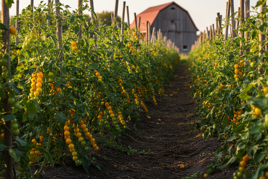 Sunshine Cherry Tomato farm field with rustic barn in the background