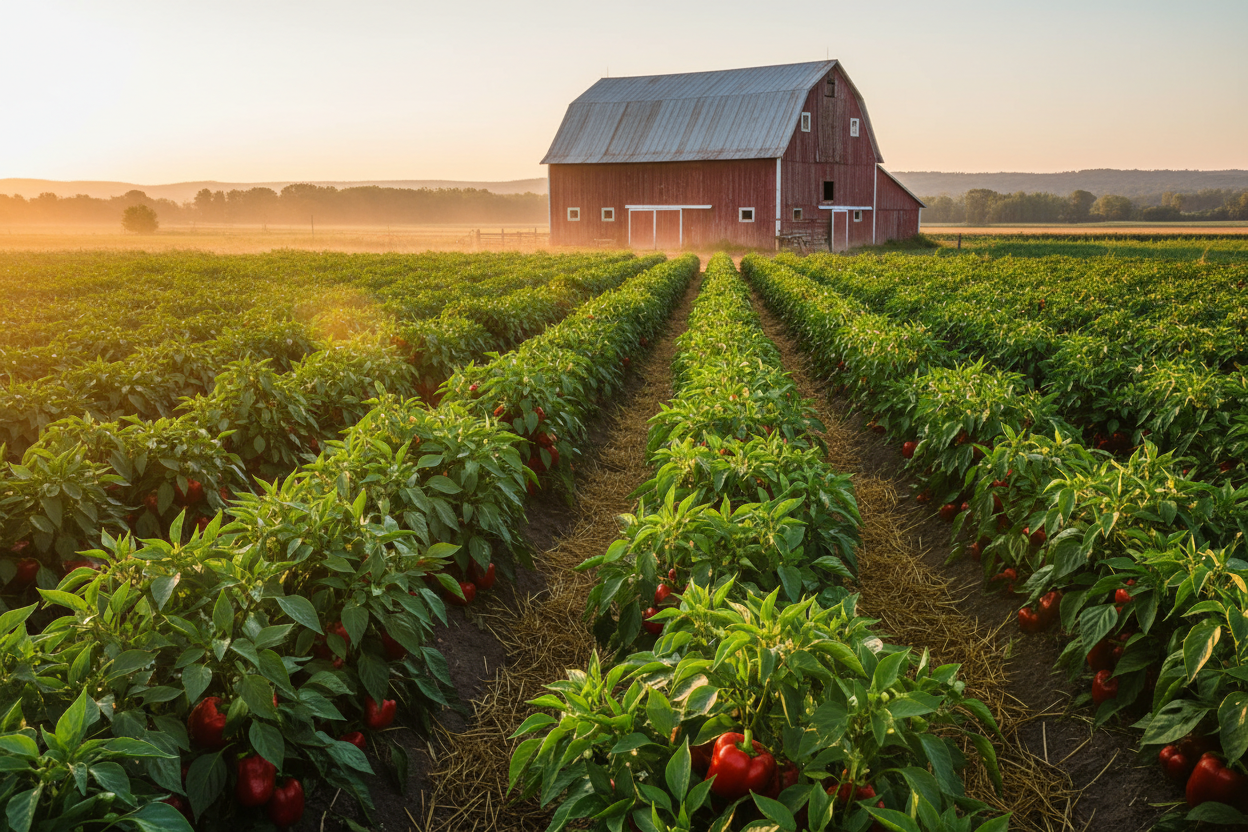 Sweet Big Red Bell Pepper farm field with rustic barn in the background