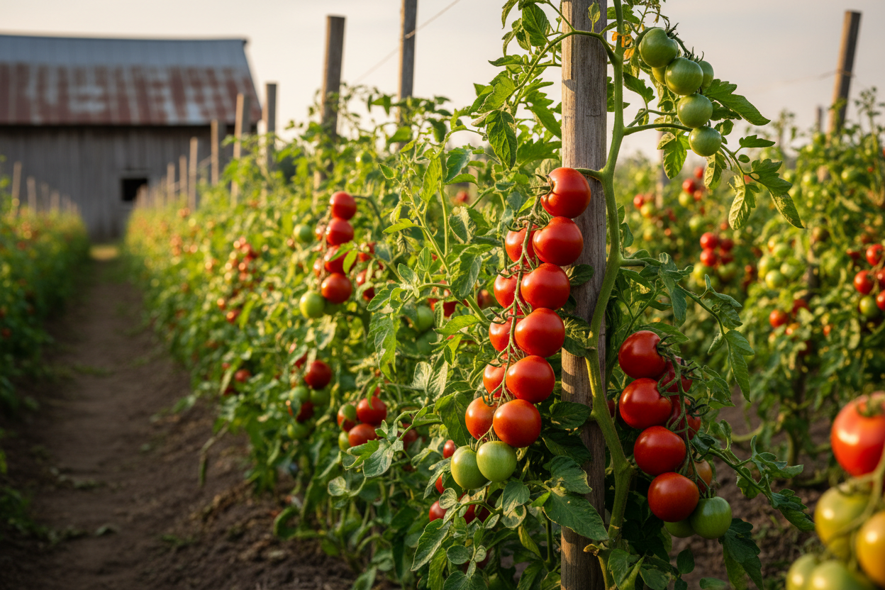 Sweet Campari Tomato farm field with rustic barn in the background