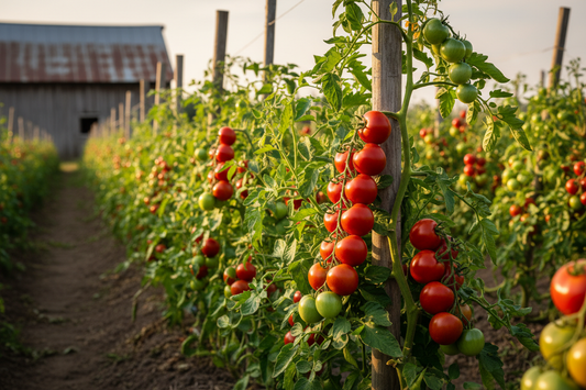 Sweet Campari Tomato farm field with rustic barn in the background