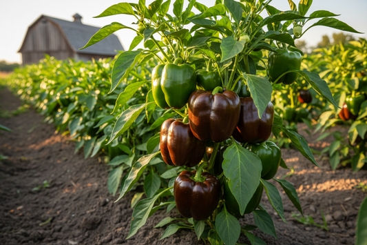 Sweet Chocolate Beauty Pepper farm field with rustic barn in the background