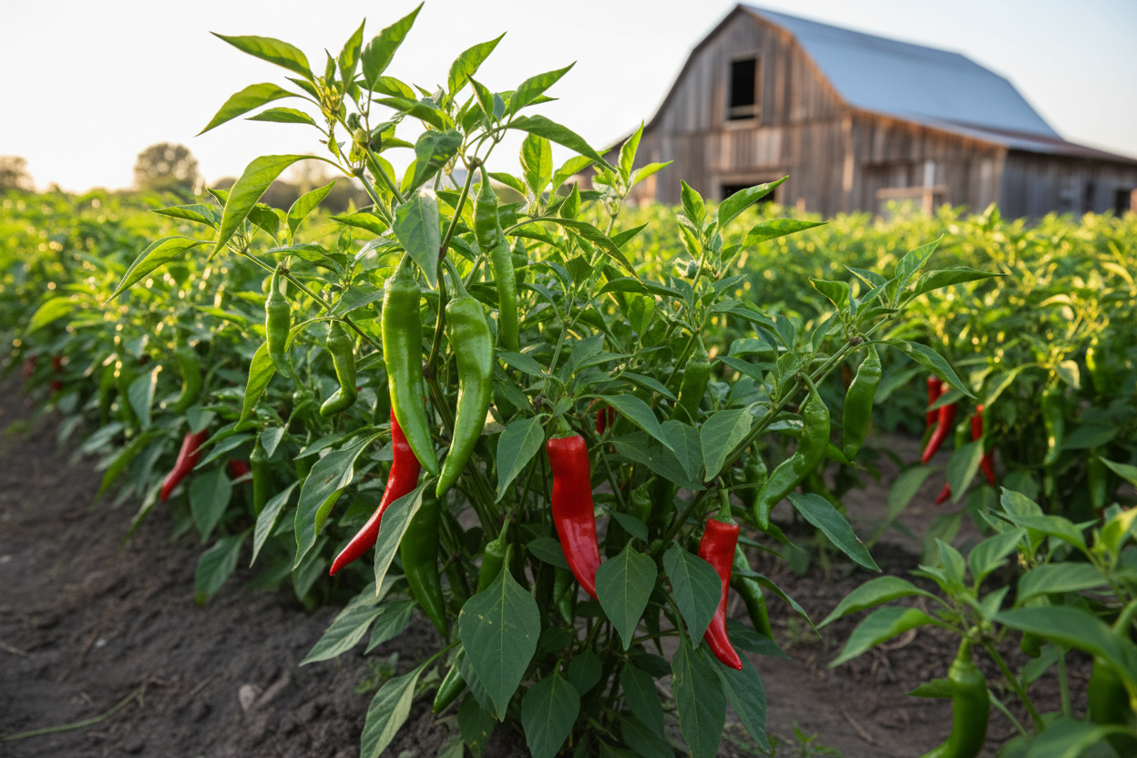 Sweet Manganji Pepper farm field with rustic barn in the background