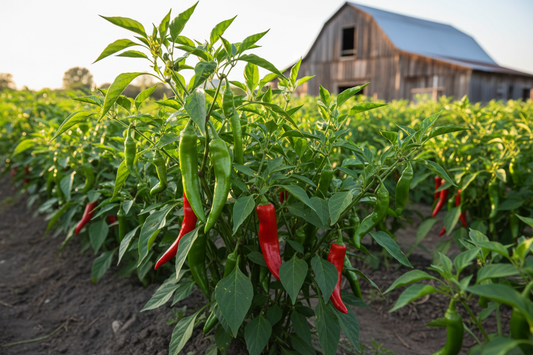 Sweet Manganji Pepper farm field with rustic barn in the background
