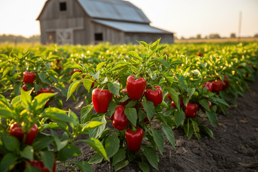 Sweet Pimento Pepper farm field with rustic barn in the background
