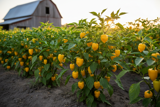 Sweet Yellow Habanero Pepper farm field with rustic barn in the background