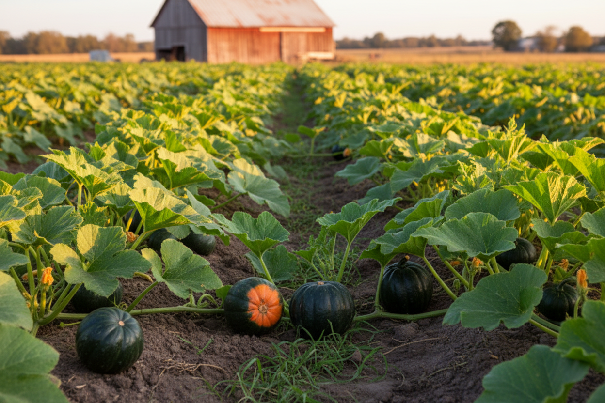 Table Queen Acorn Squash farm field with rustic barn in the background
Table Queen Acorn Squash growing on the vine