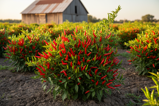 Thai Bird Pepper farm field with rustic barn in the background