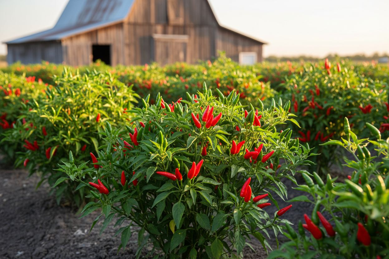 Thai Garden Bird Pepper farm field with rustic barn in the background
