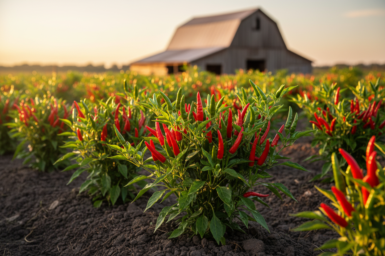 Thai Hot Red Culinary Pepper farm field with rustic barn in the background
