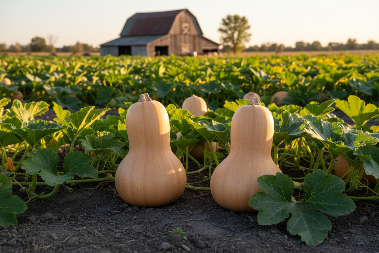 Waltham Butternut Squash farm field with rustic barn in the background
