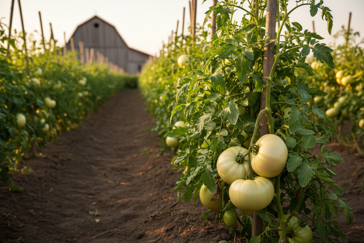 White Wonder Beefsteak Tomato farm field with rustic barn in the background