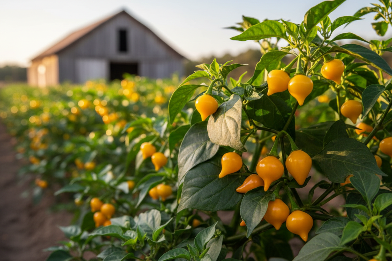 Yellow Biquinho Pepper farm field with rustic barn in the background