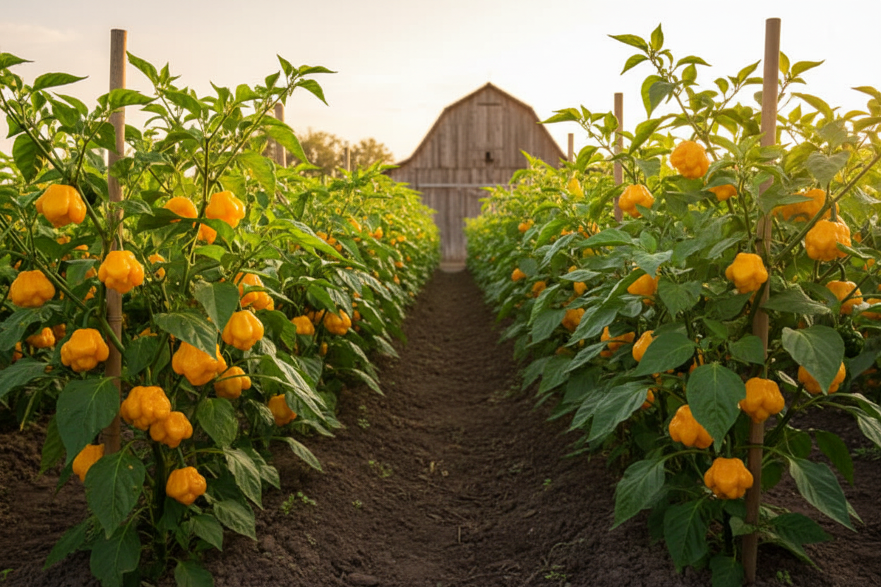 Yellow MOA Scotch Bonnet farm field with rustic barn in the background