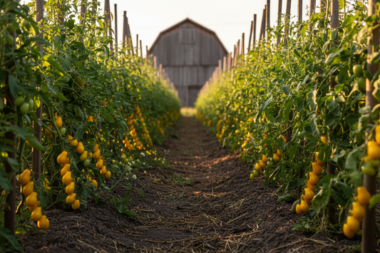 Yellow Pear Tomato farm field with rustic barn in the background
