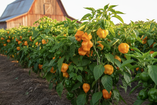 Yellow Scotch Bonnet farm field with rustic barn in the background